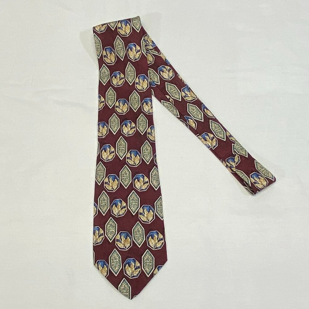 Hickey-Freeman Hand Sewn USA Silk Wide Neck Tie Maroon Framed Shapes